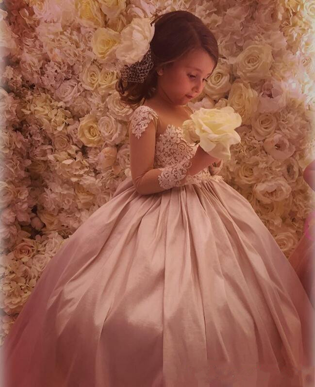 flower girls dresses sheer neck long sleeves ball gown satin baby girl birthday party pageant dresses girls pageant gowns