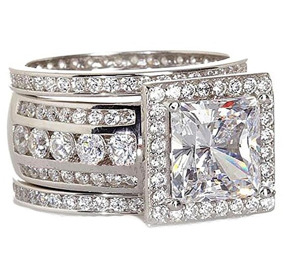 Stunning 10KT White Gold Filled Princess Cut Topaz CZ Dia 3-in-1 Ring Set for Women (Size 5-10)