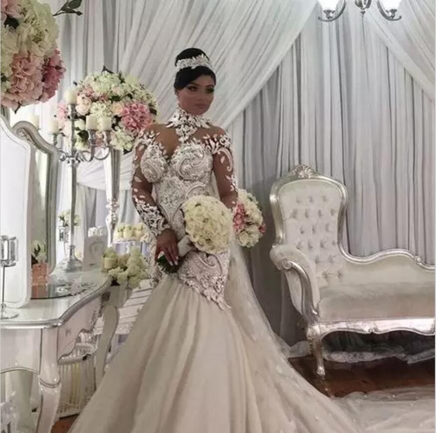 Azzaria Haute Mermaid Dresses Nigeria High Neck Full Back Dubai Arabic Castle Bridal Gowns Plus Size Long Sleeve Wedding Dress