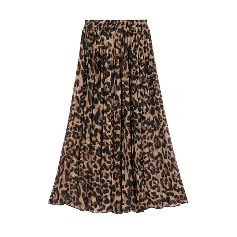 TingYiLi Summer Women Long Leopard Print Skirt Elastic High Waist Chiffon Pleated Slim Fit Casual Maxi Skirt