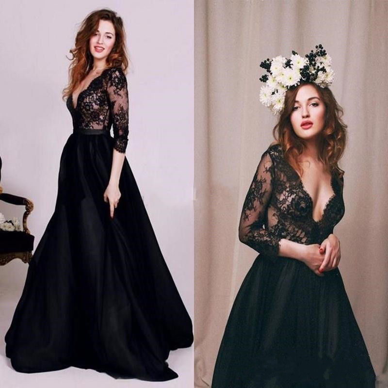 Simple Black Lace Beach Wedding Dress With Sleeves Sexy Deep V Neck Floor Length Wedding Dresses Bridal Gowns Custom Made Plus Size, White
Simple Black Lace Beach Wedding Dress With Sleeves Sexy Deep V Neck Floor Length Wedding Dresses Bridal Gowns Custom Made Plus Size, White