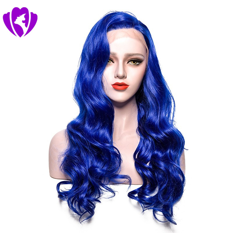180density full Synthetic Lace Front Wig Long Body Wave Blue Wigs Color Light Lace Natural Hair Frontal Free Parting For Women
