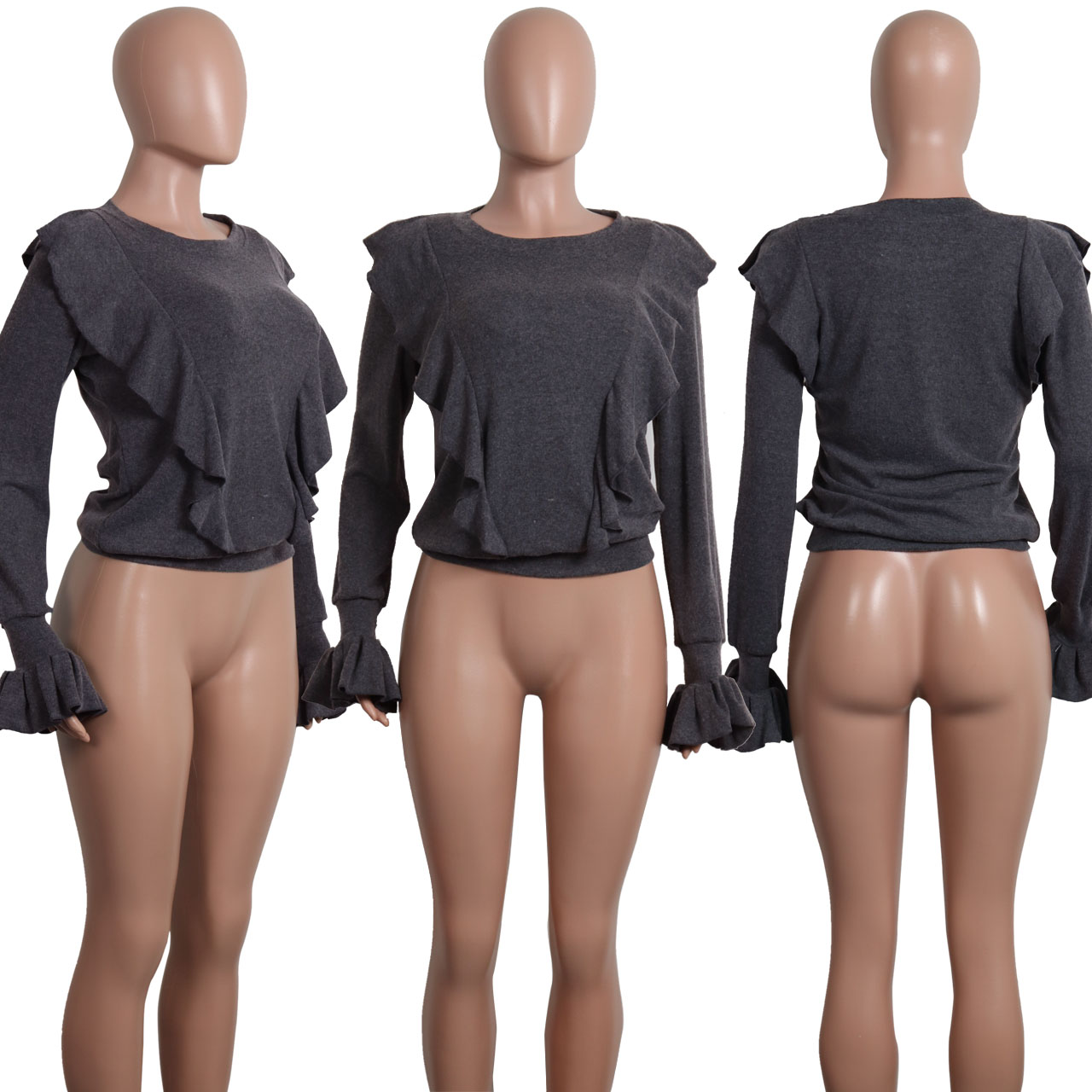 European leisure women's long-sleeved shirt wooden ear trumpet sleeve T-shirt white gray black self-supported mixed batch