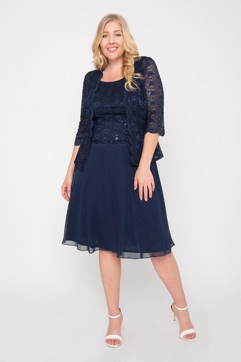 Plus Size Mother of the Bride Dresses Lace Appliques Sequined Knee Length Prom Dresses Formal Evening Gowns With 3/4 Long Sleeve Jackets