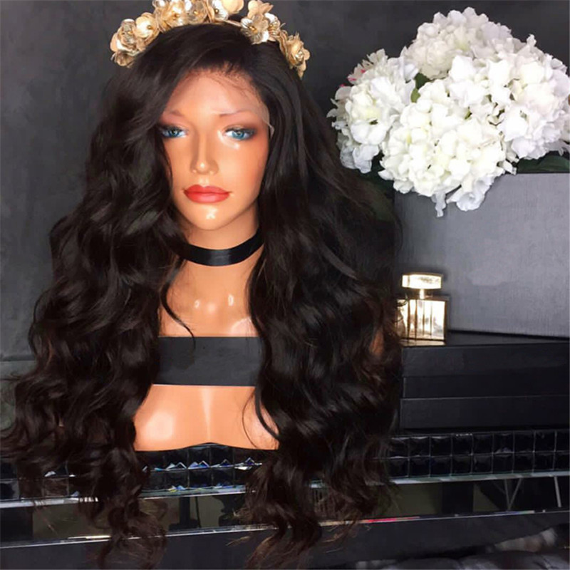 Natural Hairline Glueless High Temperature Fiber Hair Wigs Swiss Long Wavy 1# Black Synthetic Lace Front Wig for Women