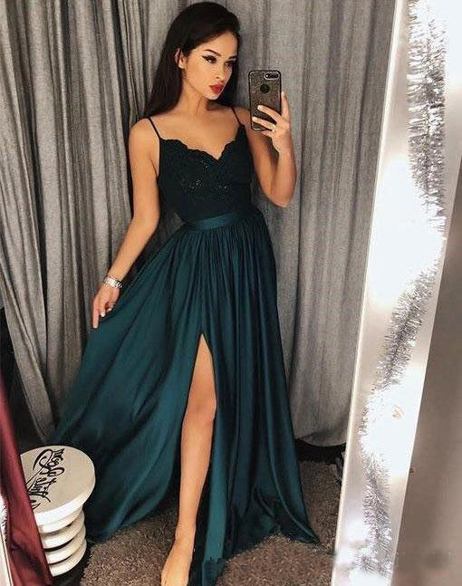 Arabic Dark Green Dresses Evening Wear 2018 Spaghetti Straps Lace Appliques Side Split A Line Formal Prom Party Dress Pageant Gowns