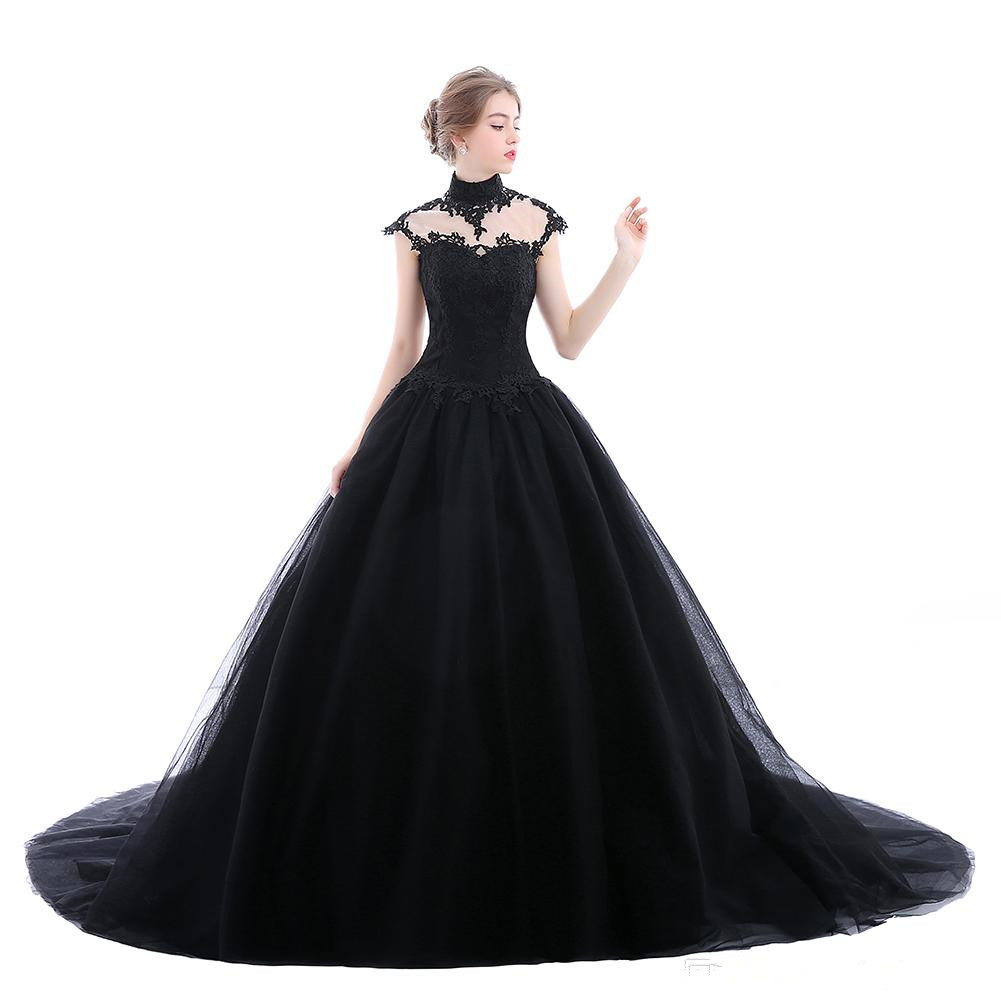 Ball Gown Vintage High Neck Black Wedding Dresses Cap Sleeve Lace Tulle Gothic Bridal Gowns Lace up Back Custom Size, Gold 
Ball Gown Vintage High Neck Black Wedding Dresses Cap Sleeve Lace Tulle Gothic Bridal Gowns Lace up Back Custom Size, Gold