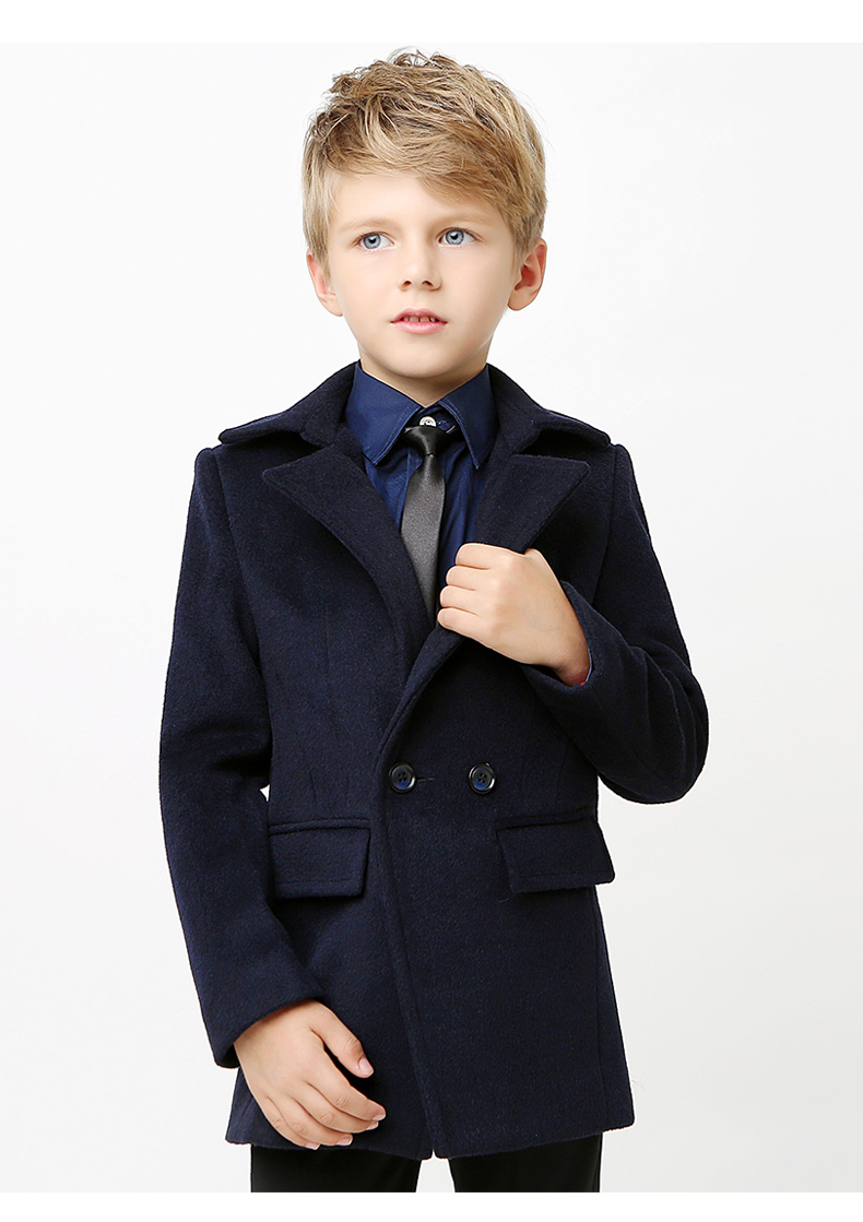 Notched Lapel Double Breasted Warm Kids Wear Windproof Child Coats Color Dark Red And Navy Thicken Winter Kids Formal Clothes For Sale