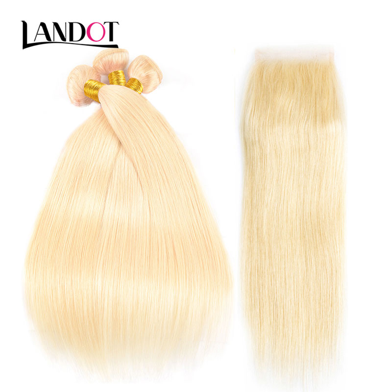 9A Brazilian Straight Virgin Human Hair Weaves 4 Bundles With Bleach Blonde Color 613# Lace Closure Peruvian Malaysian Indian Cambodian Hair