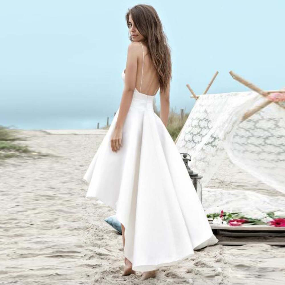 White Asymmetrical Simple A Line Dresses V Neck Spaghetti Strap Satin Bridal Dress Backless Beach Wedding Gown Vestido De Noiva estido