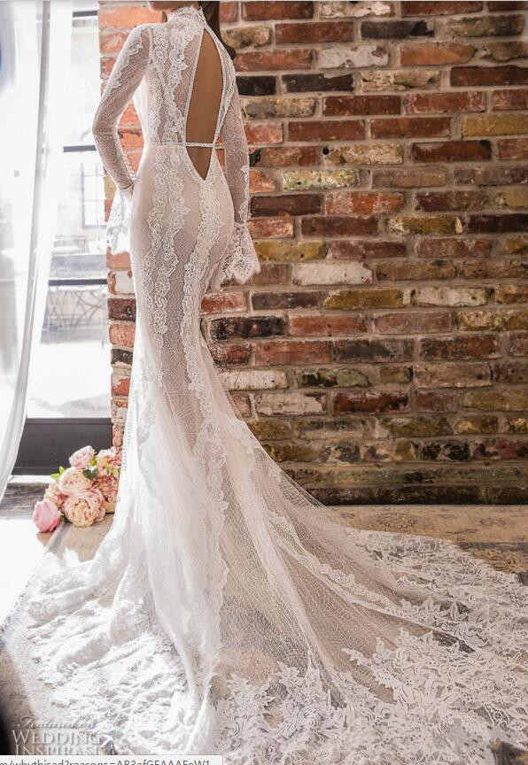 Mermaid Elihav Sasson Wedding Dresses High Neck Side Split Long Sleeves Bridal Gowns Lace Appliqued Beads Vestido De Noiva