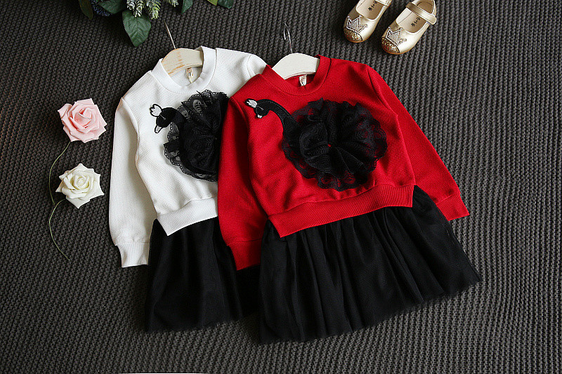 Children Clothing Baby Girls Dress Long sleeves Dress Baby Tutu Kids Stitching Dress Lace Cartoon Swan