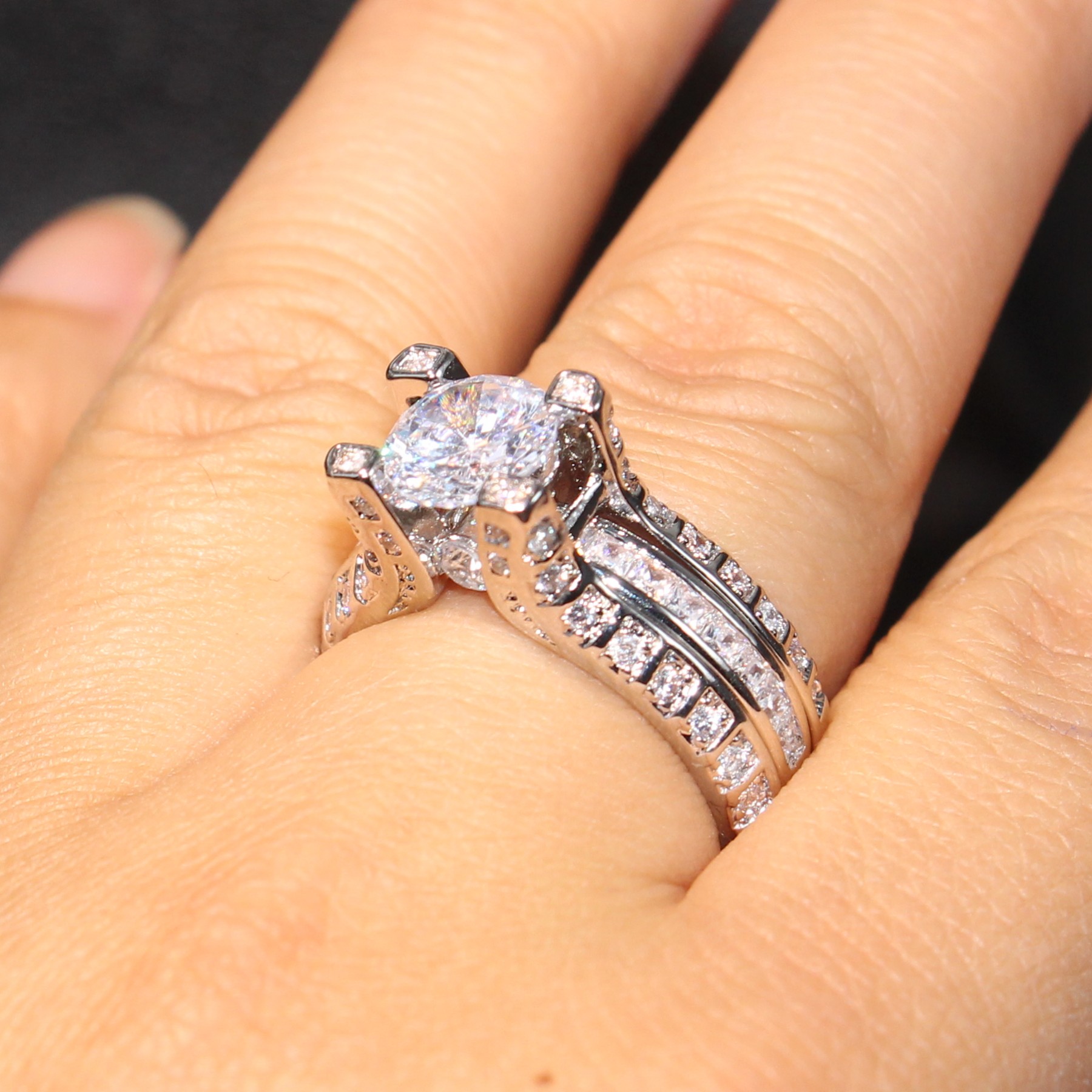 Size 5-10 Retro Vintage Jewelry 10KT White Gold Filled Round Cut Topaz CZ Dia Gemstones Women Wedding Bridal Ring Set For Lovers' Gift