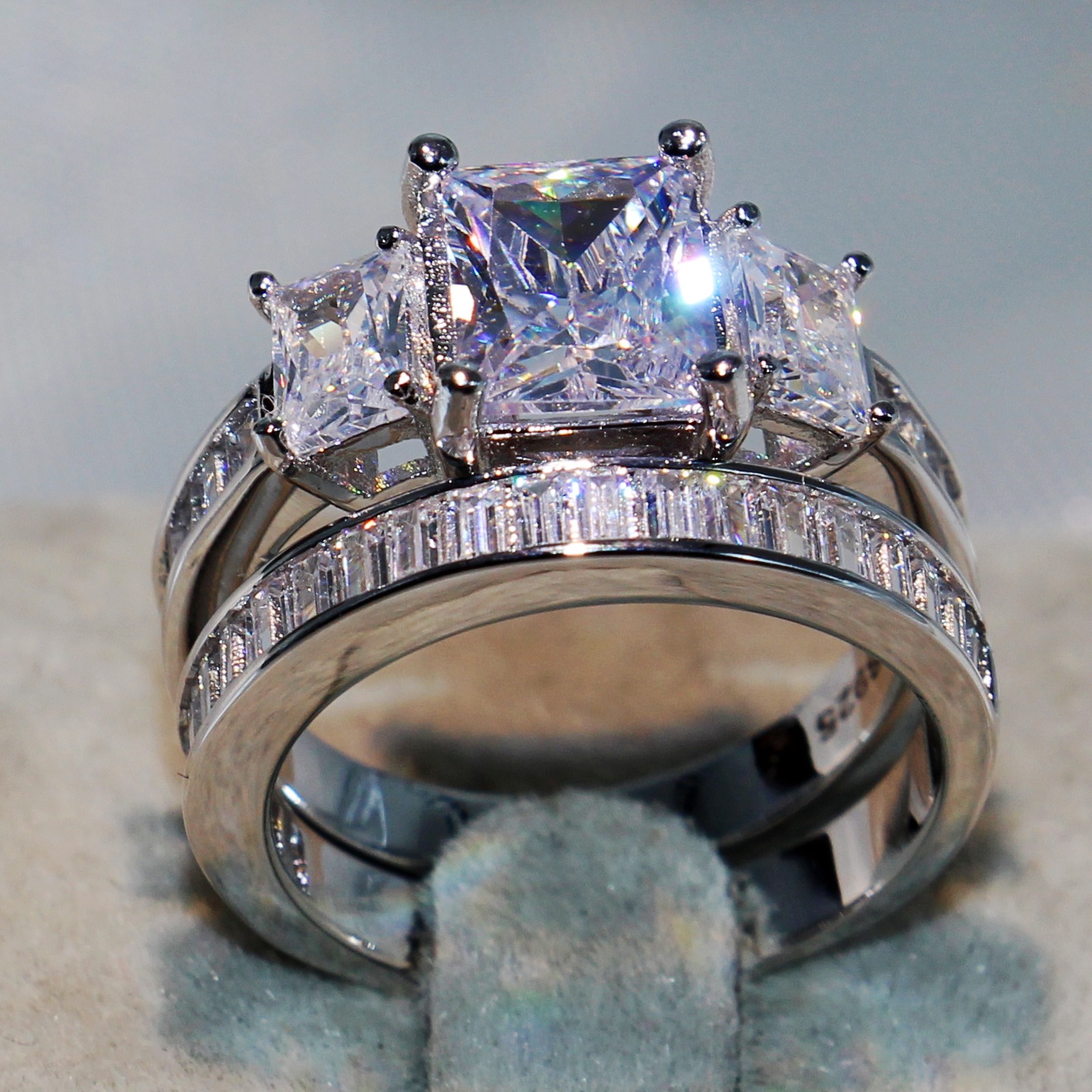 Sterg Sier Couple Rings CZ Dia Topaz Three Stone Princess Cut Wedding Bands for Women 45c7