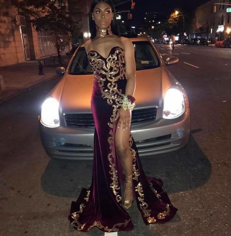 African Velvet Mermaid Prom Dresses Sweetheart Gold Appliques High Side Split Formal Dresses Evening Gowns Custom Made Cocktail Dresses
