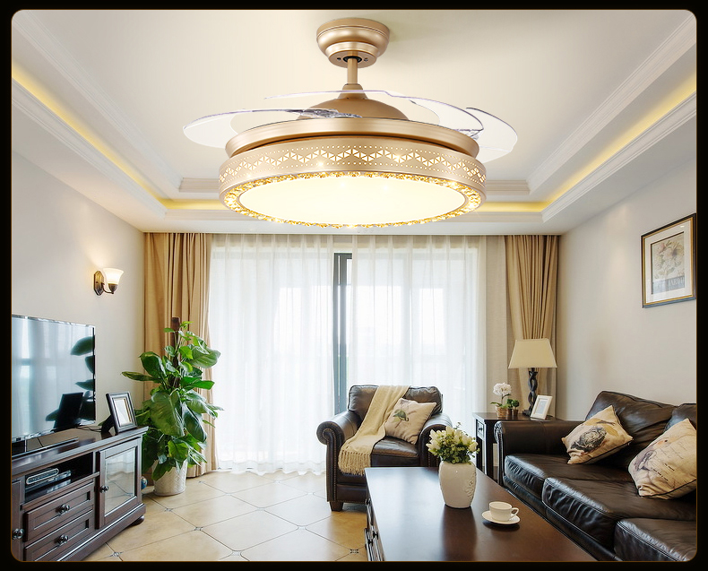 LED Ceiling Invisible Fan Lights Timing Remote Control Frequency Conversion Motor Warm White Light Pendant Lamp Remote Control Crystal