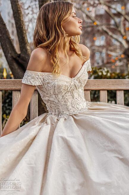 latest a line matte satin wedding dresses off the shoulder bead lace applique bridal gowns dubai saudi arabic sweep train wedding dress