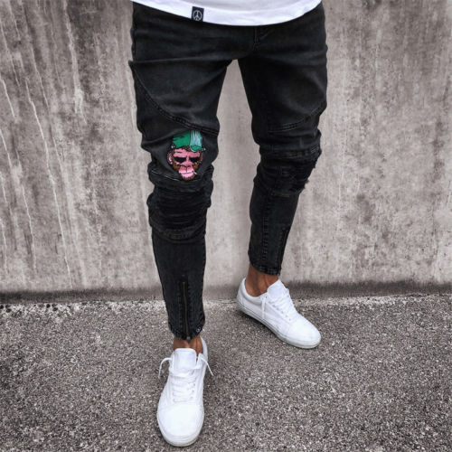 Mens Skinny Jeans Rip Slim fit Stretch Denim Distress Frayed Biker Jeans Boy Men Casual Solid