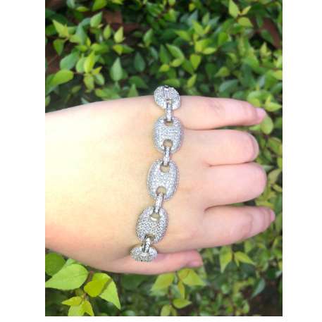 Mens Iced Out Hip Hop Silver Gold-Tone CZ Paved Puffed Marine Link Chain Bracelet 13mm 8inch Multicolor Cubic Zirconia