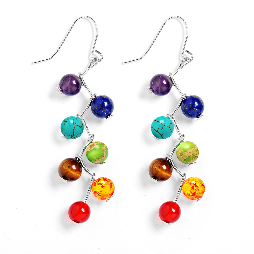 Fashion Healing Chakra 7 Rainbow Round Natural Stone For Women Vintage Yoga Bead Jewelry Long Drop Colorful Dangle Earrings Boho