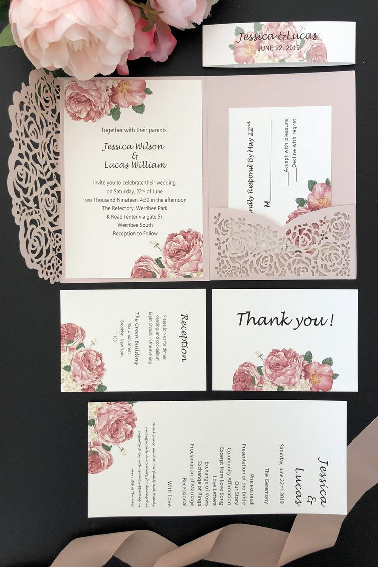 2019 Light Pink Laser Cutting Pocket Wedding Invitation Kits Shimmer Rose Pocket-Fold Custom Invitation and Insert Card+Belt Free Shipping от DHgate WW