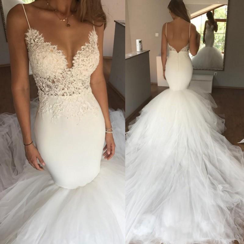 Ivory Sexy Spaghetti Straps Boho Mermaid Wedding Dress Backless Bridal Gowns Lace Tulle Long Train Cheap Wedding Gowns For Bride Dresses