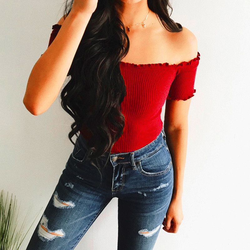Sexy Off Shoulder T Shirt Women Crop Tops 2018 Summer Long Sleeve White Slim Nightclub Cropped Top Tees