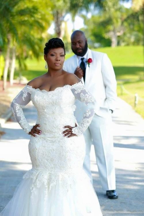 Mermaid Plus Size Dresses Off Shoulder Full Lace Long Sleeves Zipper Back Court Train Wedding Gowns Bridal Dress