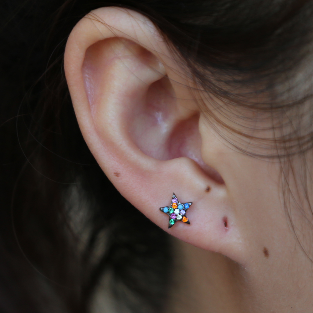 rainbow mix color cubic zirconia small star earring 925 sterling silver dainty delicate colorful star earrings