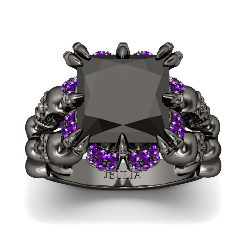 Victoria Wieck Brand New Punk Fashion Jewelry 10KT Black Gold Filled Princess Cut Amethyst CZ Diamond Women Wedding Skull Band Ring Gift