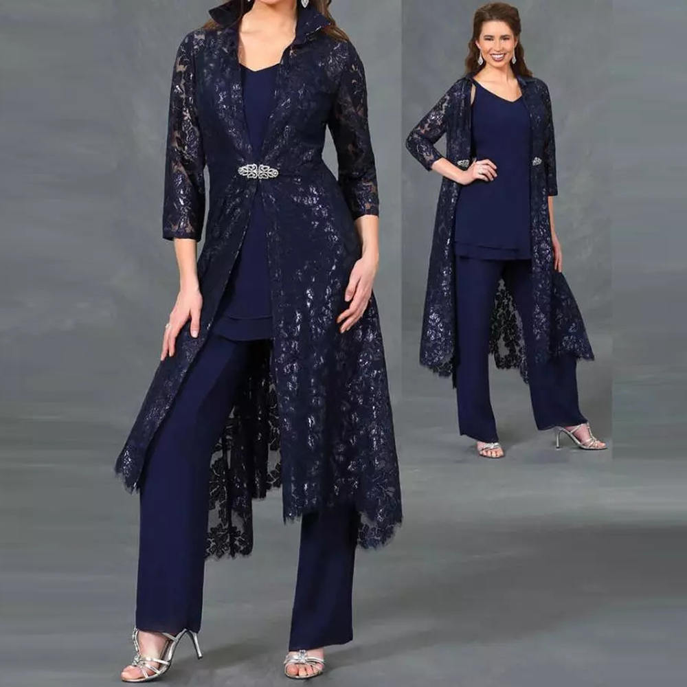 Plus Size Three Pieces Mother of the Bride Suits V-neck Sequined Lace Ankle Length Jacket Formal Dress 3/4 Sleeve Ladies Outfit