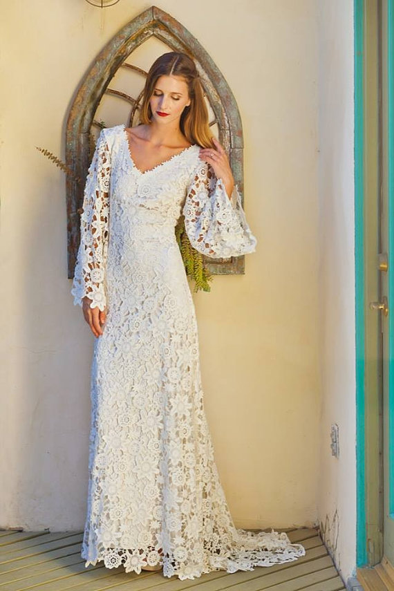 Beach Bohemian Cheap Full Lace Dresses V Neck Backless Long Sleeves Sweep Train Wedding Dress Bridal Gowns Boho Custom Made