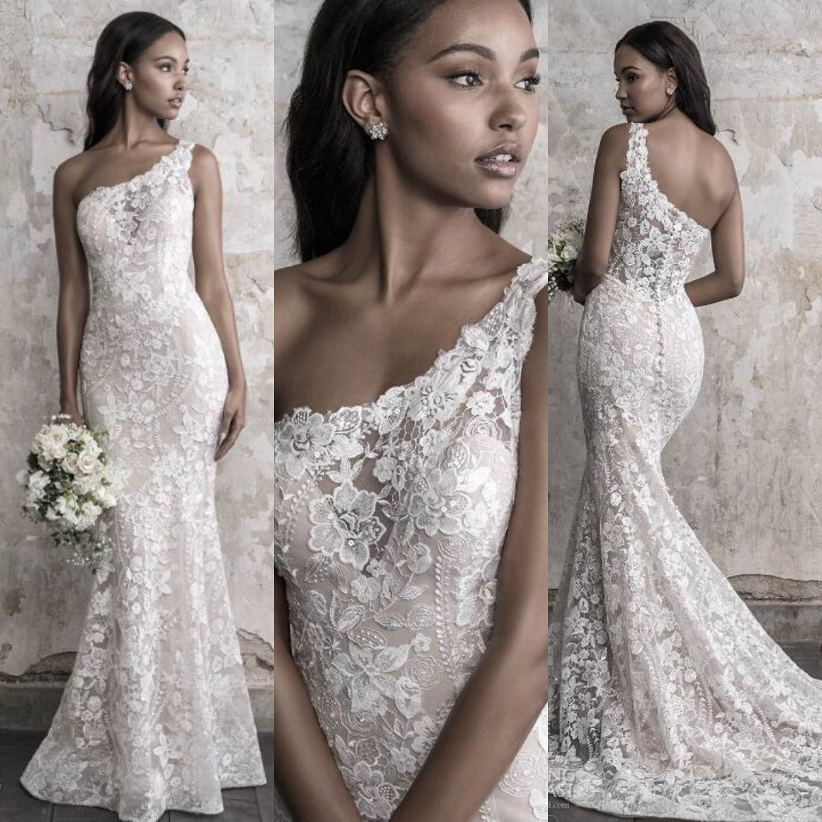 Madison James Fall Mermaid Wedding Dress Elegant One Shoulder Lace Applique Sweep Train Bridal Gowns Upscale Custom Made