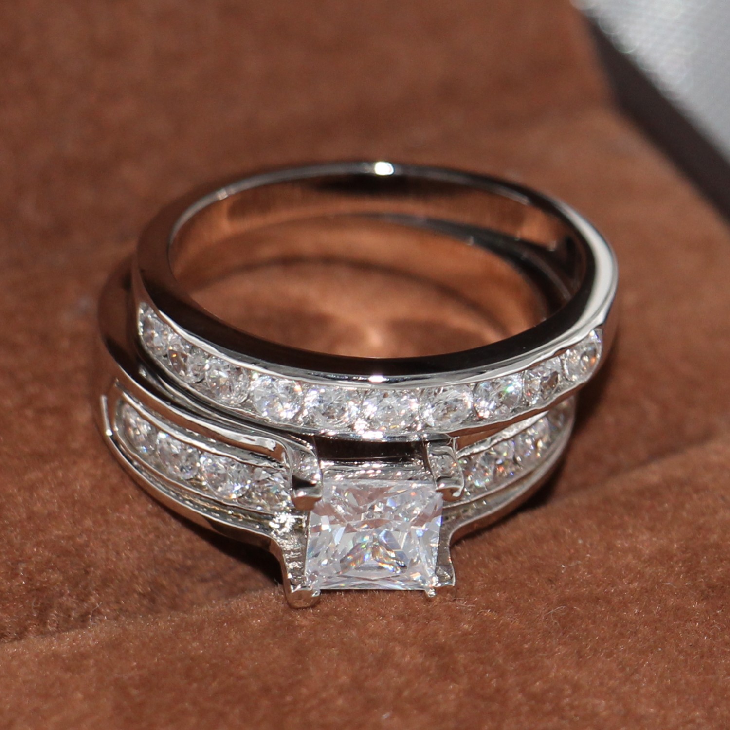 US size 5/6/7/8/9/10 Jewelry Sterg Sier filled white topaz CZ Dia Princess cut Women wedding Bridal ring Set for love gift