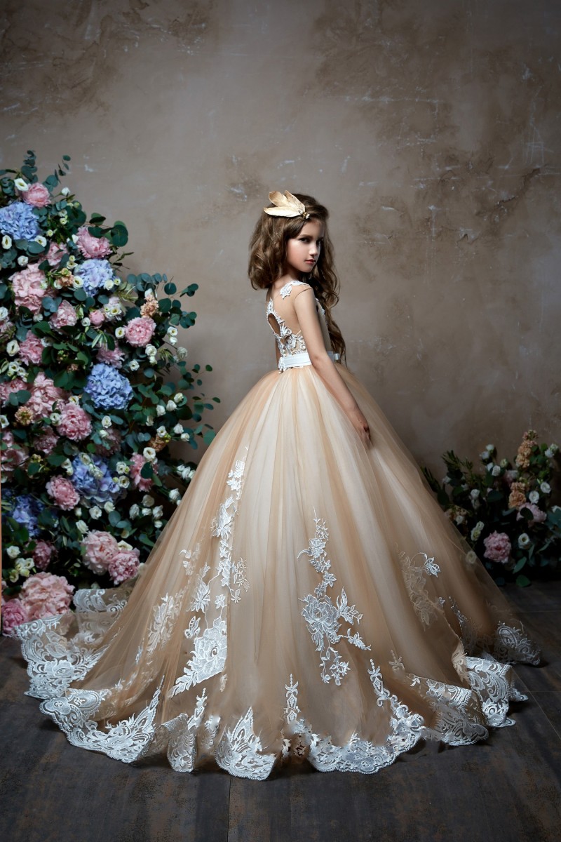 Pentelei 2019 Champagne Flower Girl Dresses For Weddings Lace Appliqued Little Kids Baby Ball Gowns Cheap Long Communion Dress