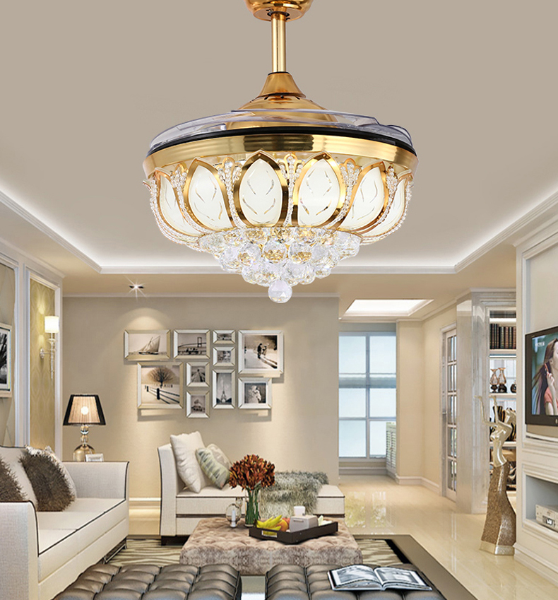 Hot LED Ceiling Invisible Fan Lights Timing Remote Control Warm White Light Pendant Lamp Remote Control Crystal