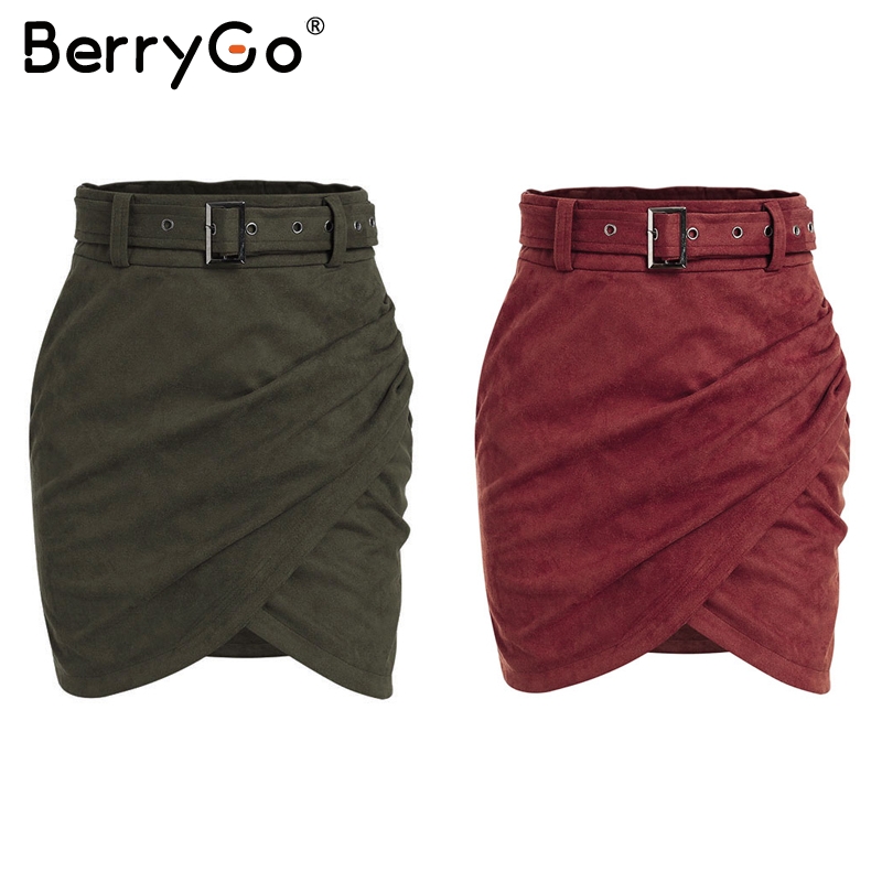 BerryGo Asymmetric suede leather women skirt High waist belt bodycon mini skirt Autumn winter female streetwear pencil