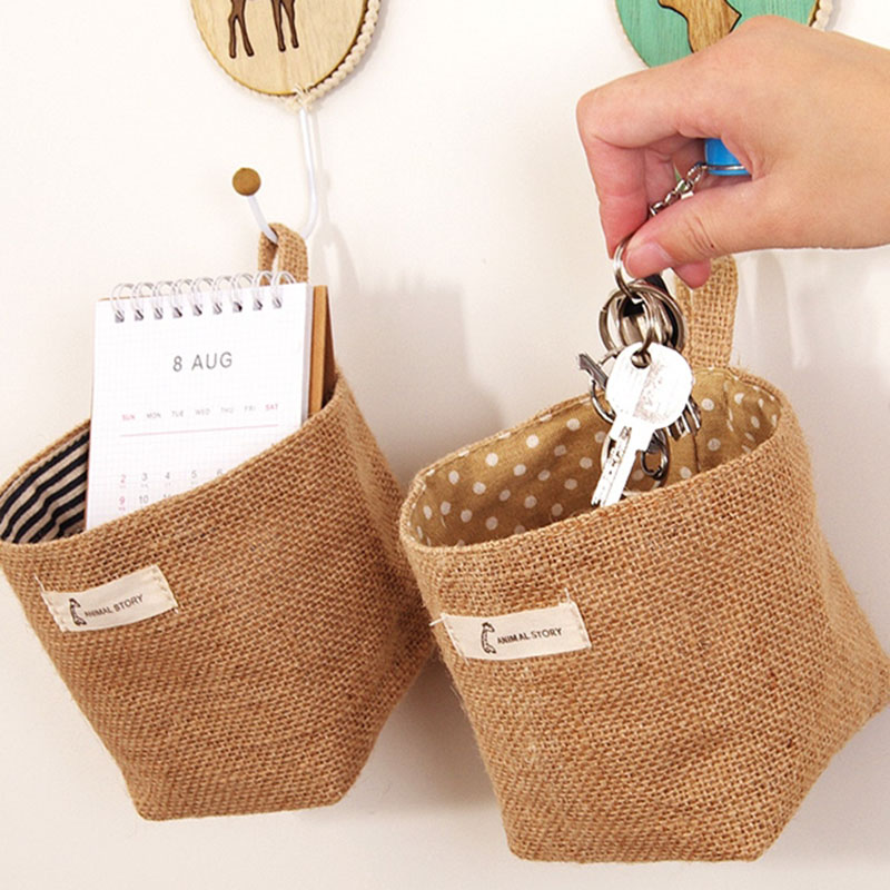 Linen Woven Storage Basket Polka Dot Small Storage Sack Cloth Hanging Non Woven Basket Buckets Bags Kids Toy Box
