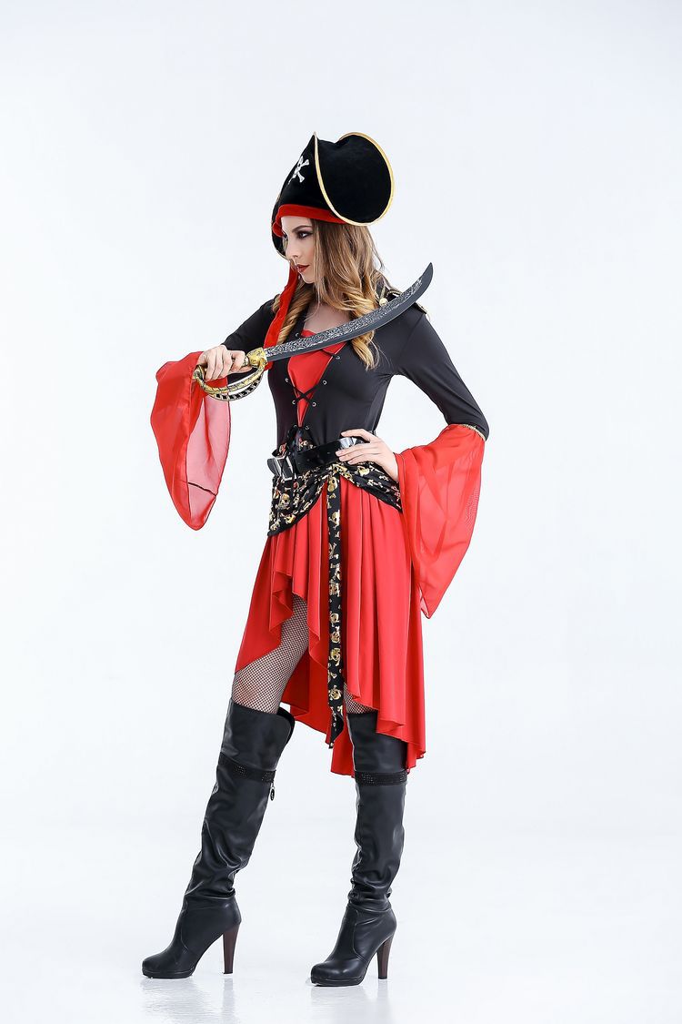 Female Pirate Halloween Costumes For Adults Hi Lo Long Sleeves Cotton Three Pieces (Dress+Hat+Belt) Halloween Party Dress In Stock