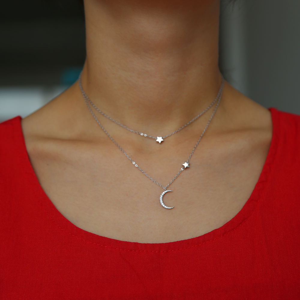 Fine 925 sterling silver factory wholesale 2018 Christmas moon star necklace cz moon charm double layer thin chain minimal delicate style