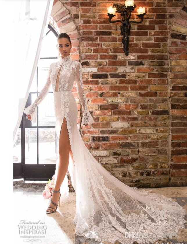 Mermaid Elihav Sasson Wedding Dresses High Neck Side Split Long Sleeves Bridal Gowns Lace Appliqued Beads Vestido De Noiva