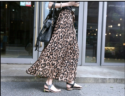 TingYiLi Summer Women Long Leopard Print Skirt Elastic High Waist Chiffon Pleated Slim Fit Casual Maxi Skirt