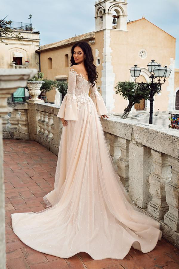 crystal desing beach a line wedding dresses lace applique long sleeve boho bridal dress blush pink tulle sweep train wedding gowns