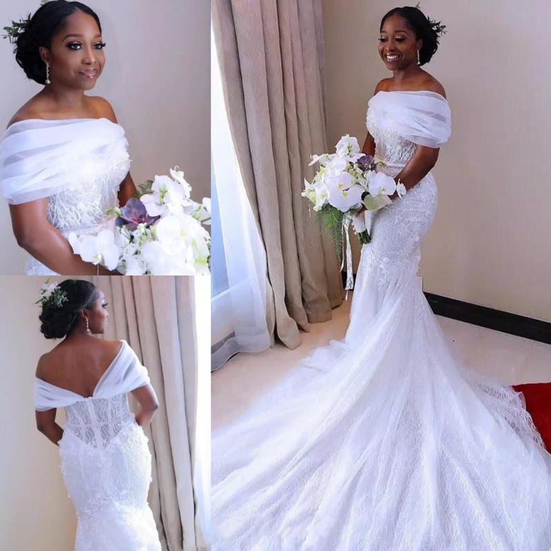 White Mermaid Wedding Dresses South African Off Shoulder Bridal Gowns Lace Appliques Zipper Back Wedding Vestidos With Sweep Train, Ivory
White Mermaid Wedding Dresses South African Off Shoulder Bridal Gowns Lace Appliques Zipper Back Wedding Vestidos With Sweep Train, Ivory