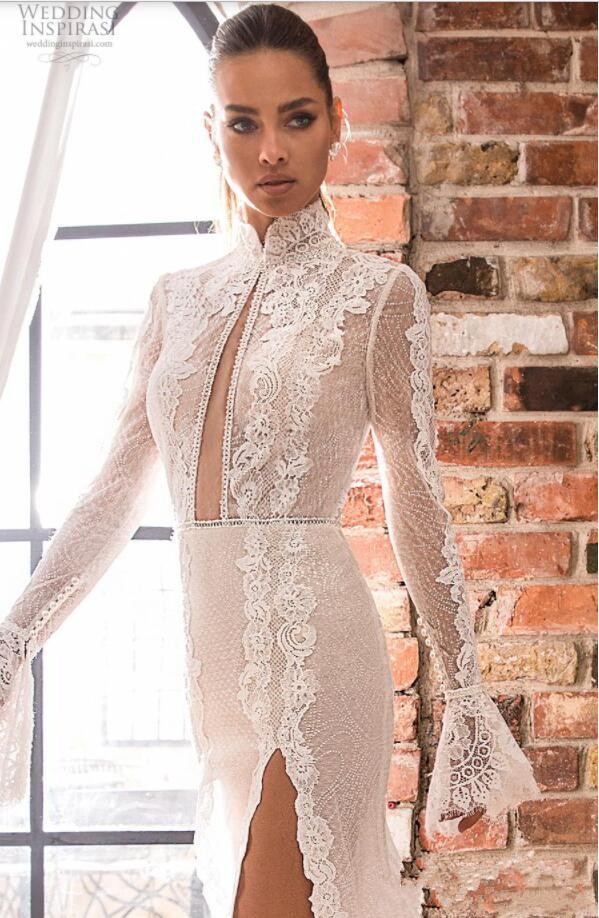 Mermaid Elihav Sasson Wedding Dresses High Neck Side Split Long Sleeves Bridal Gowns Lace Appliqued Beads Vestido De Noiva