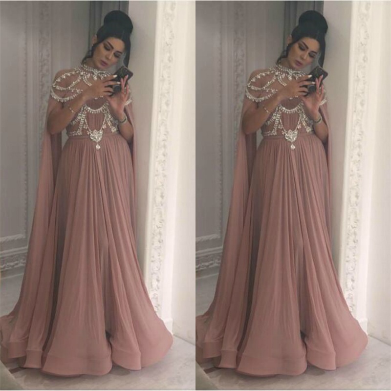 Soft Dusty Pink 2019 Prom Dresses Long Sleeves High Neck Beaded A Line Evening Gowns Sexy Illusion Formal Party Dress