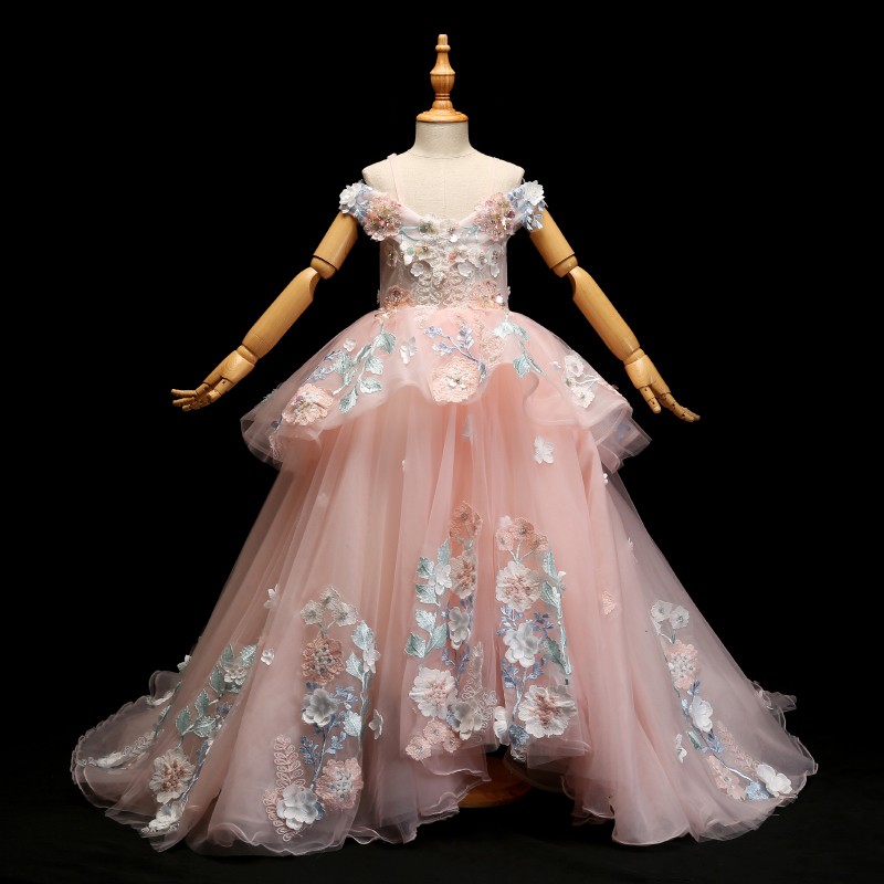 Pink Off The Shoulder Flower Girl Dresses Lace Applique Beaded Gogerous Girls Pageant Dress Sweep Train Lace Up Back Birthday Party Gowns