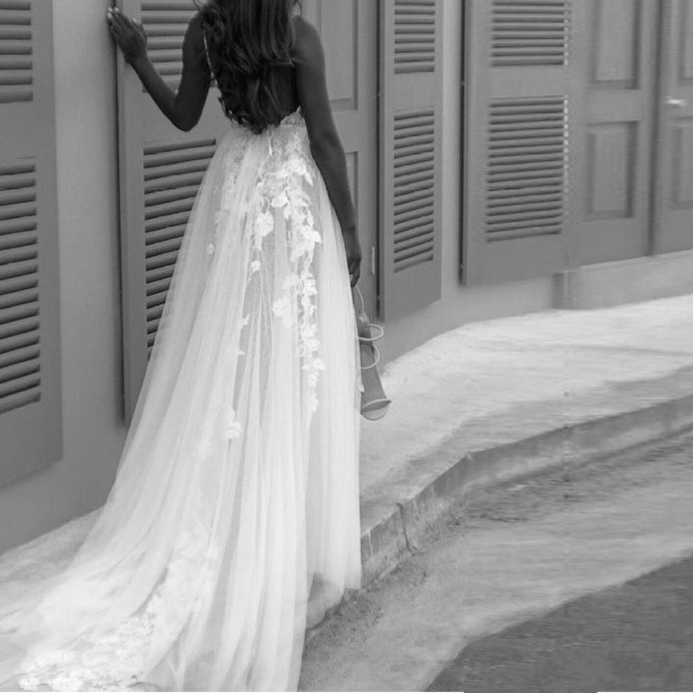 Gali Karten 2019 Sexy High Split Wedding Dresses Spaghetti Strap A Line Lace Appliqued Beach Bohemia Bridal Gowns Vestido De Novia