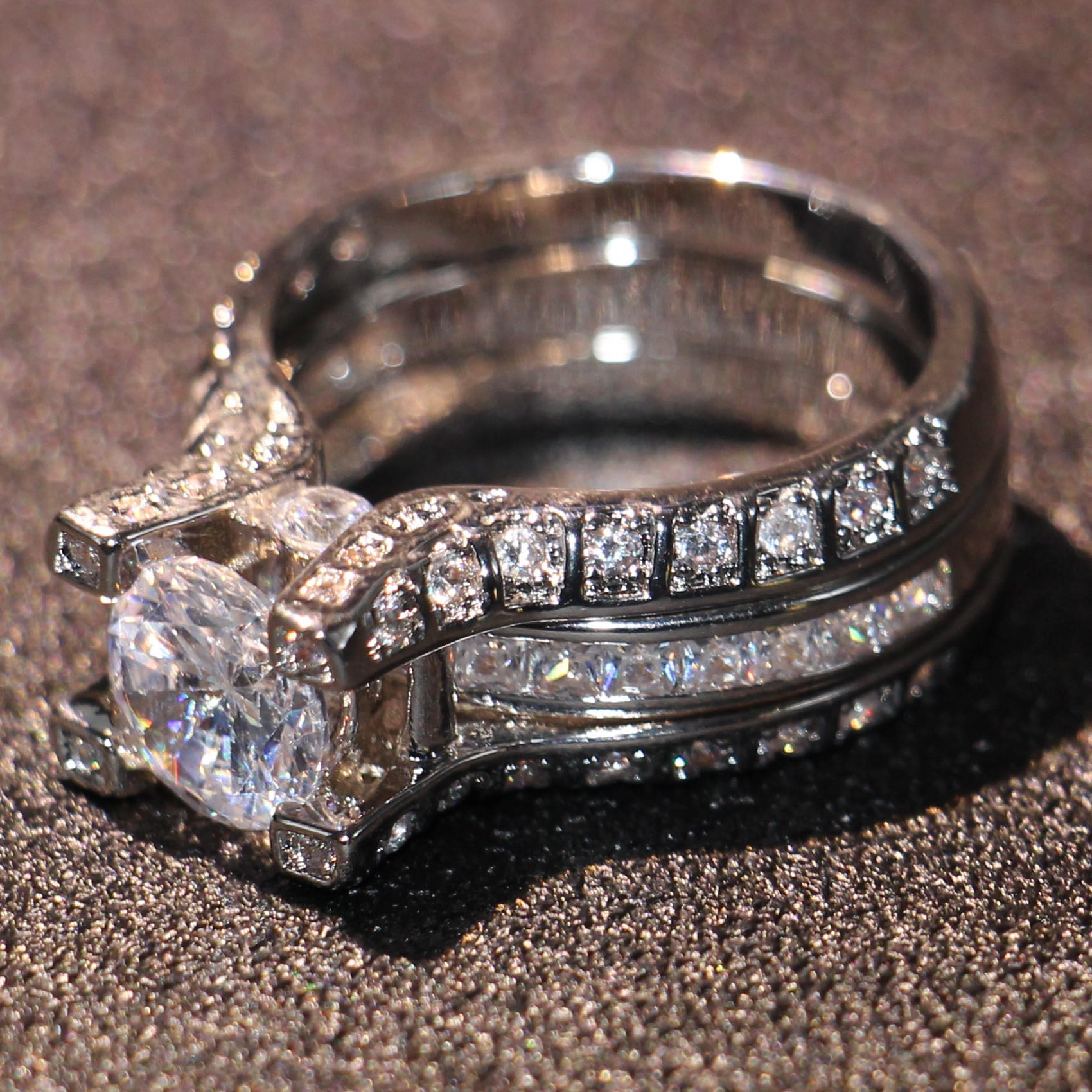 Size 5-10 Retro Vintage Jewelry 10KT White Gold Filled Round Cut Topaz CZ Dia Gemstones Women Wedding Bridal Ring Set For Lovers' Gift