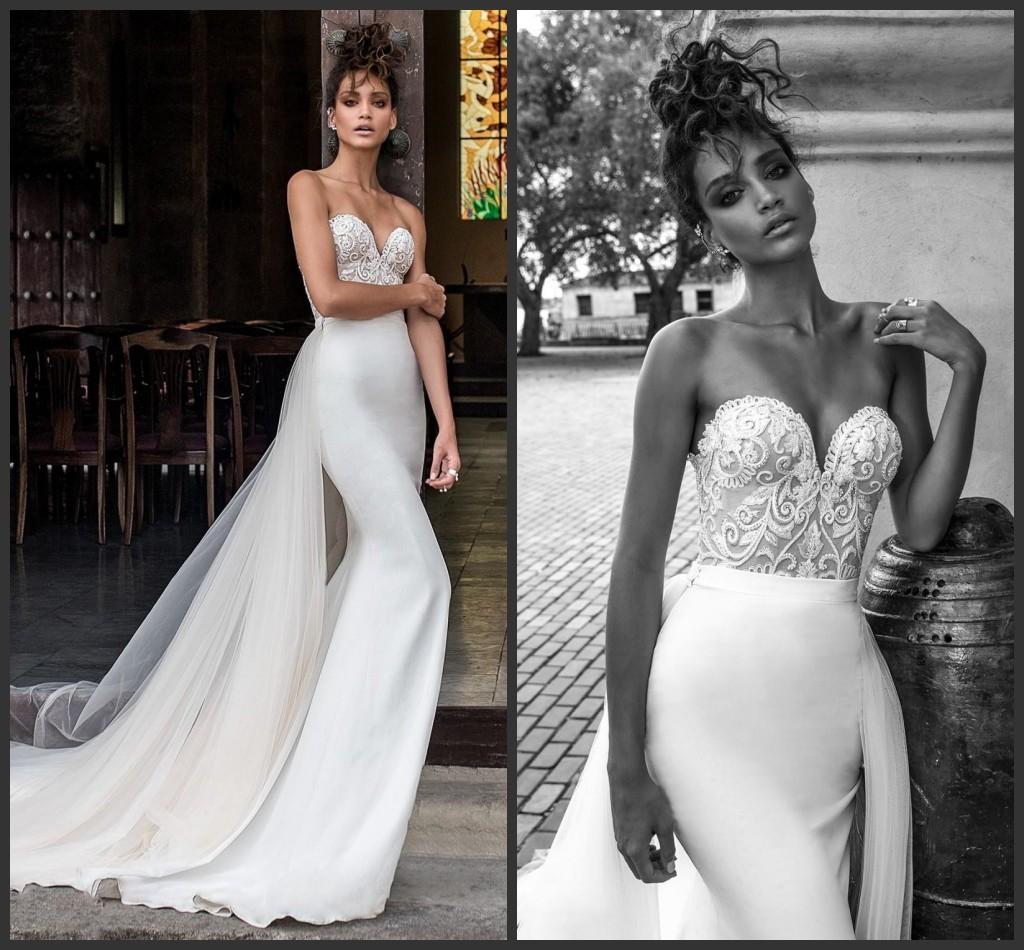 Sexy Mermaid Dresses Sweetheart Detachable Train Lace Appliques Beads Satin Beach Wedding Dress Custom Made Boho Bridal Gowns